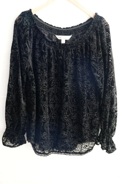 Tantrums Black Velvet Floral Burnout Off-Shoulder Top with Lace Trim Size Medium