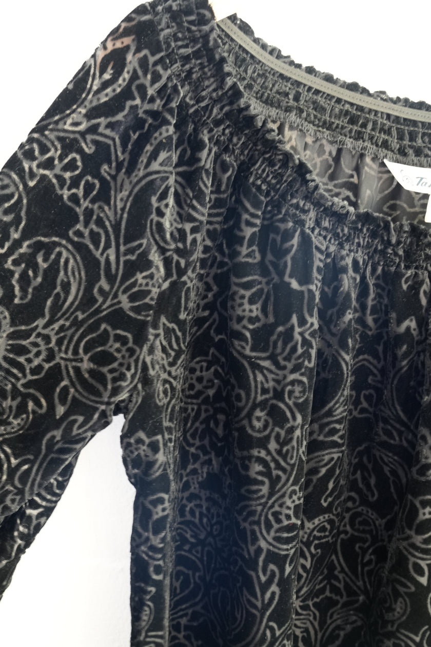 Tantrums Black Velvet Floral Burnout Off-Shoulder Top with Lace Trim Size Medium