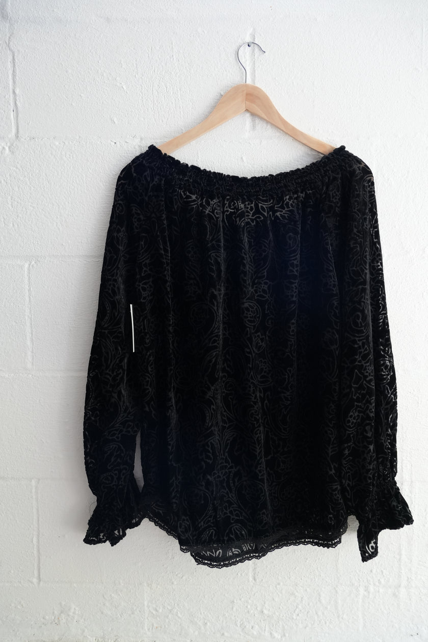Tantrums Black Velvet Floral Burnout Off-Shoulder Top with Lace Trim Size Medium