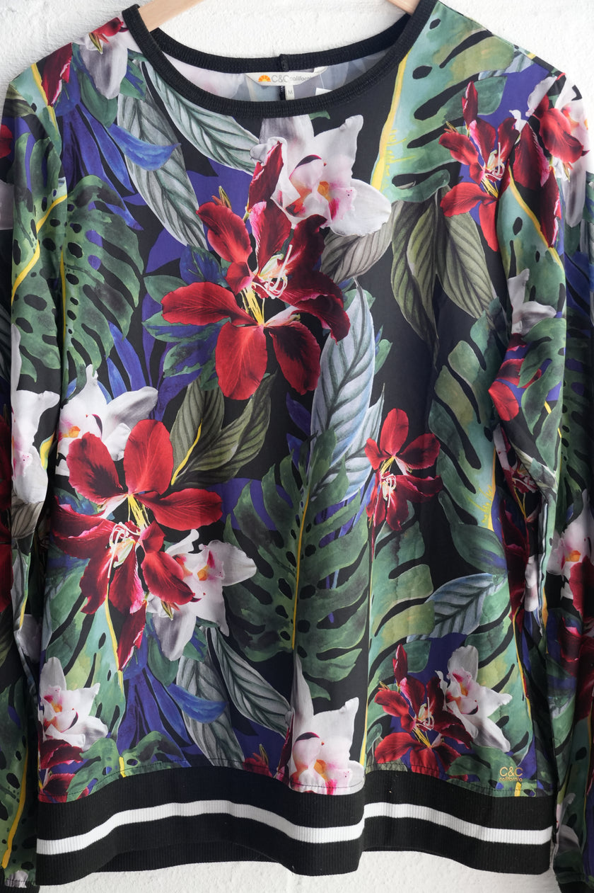 C&C California Black Multi-Color Floral Print Pullover Sweatshirt Size Medium