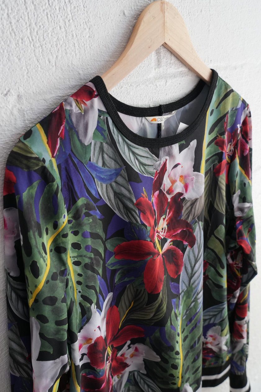 C&C California Black Multi-Color Floral Print Pullover Sweatshirt Size Medium