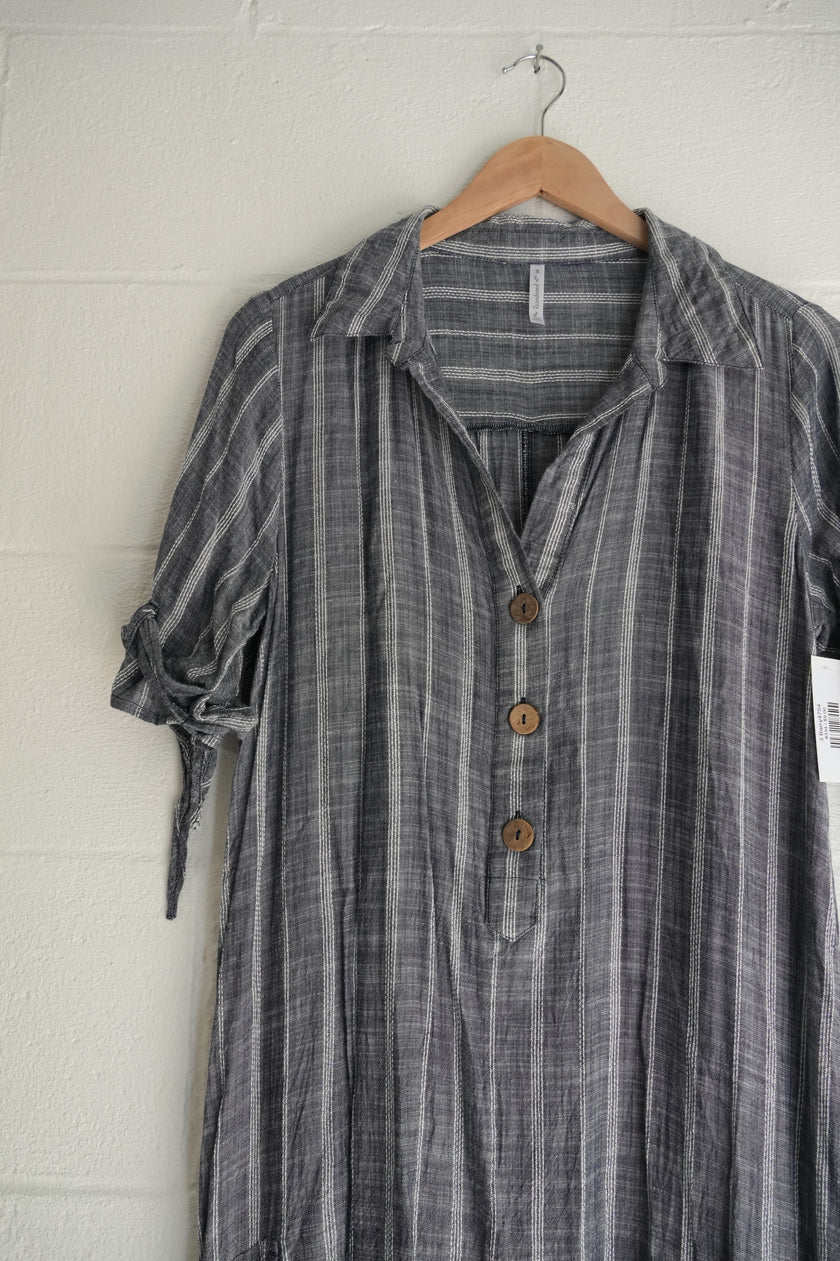 Passports Gray & White Striped Tunic Dress with Roll-Tab Sleeves and Wood Buttons Size Small