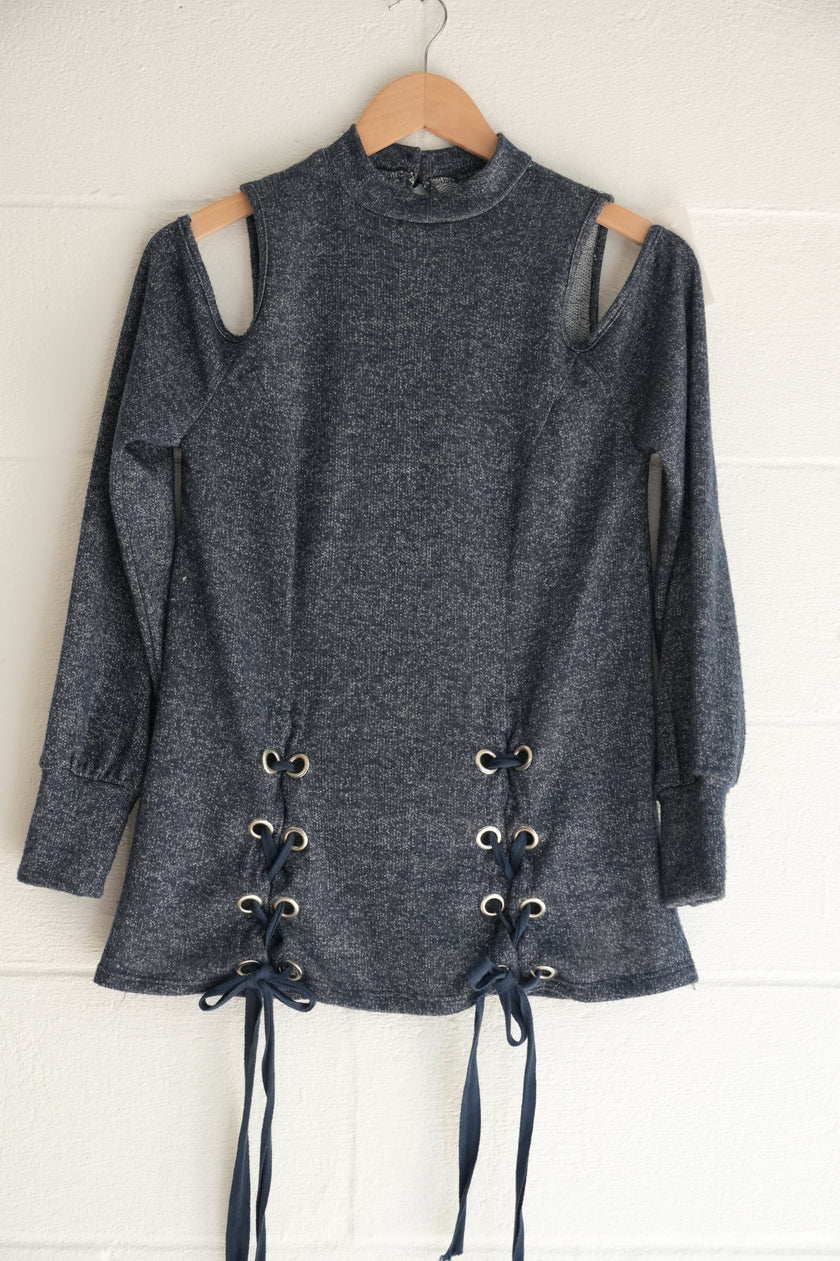 Heathered Navy Blue Lace-Up Front Cold-Shoulder Tunic Top