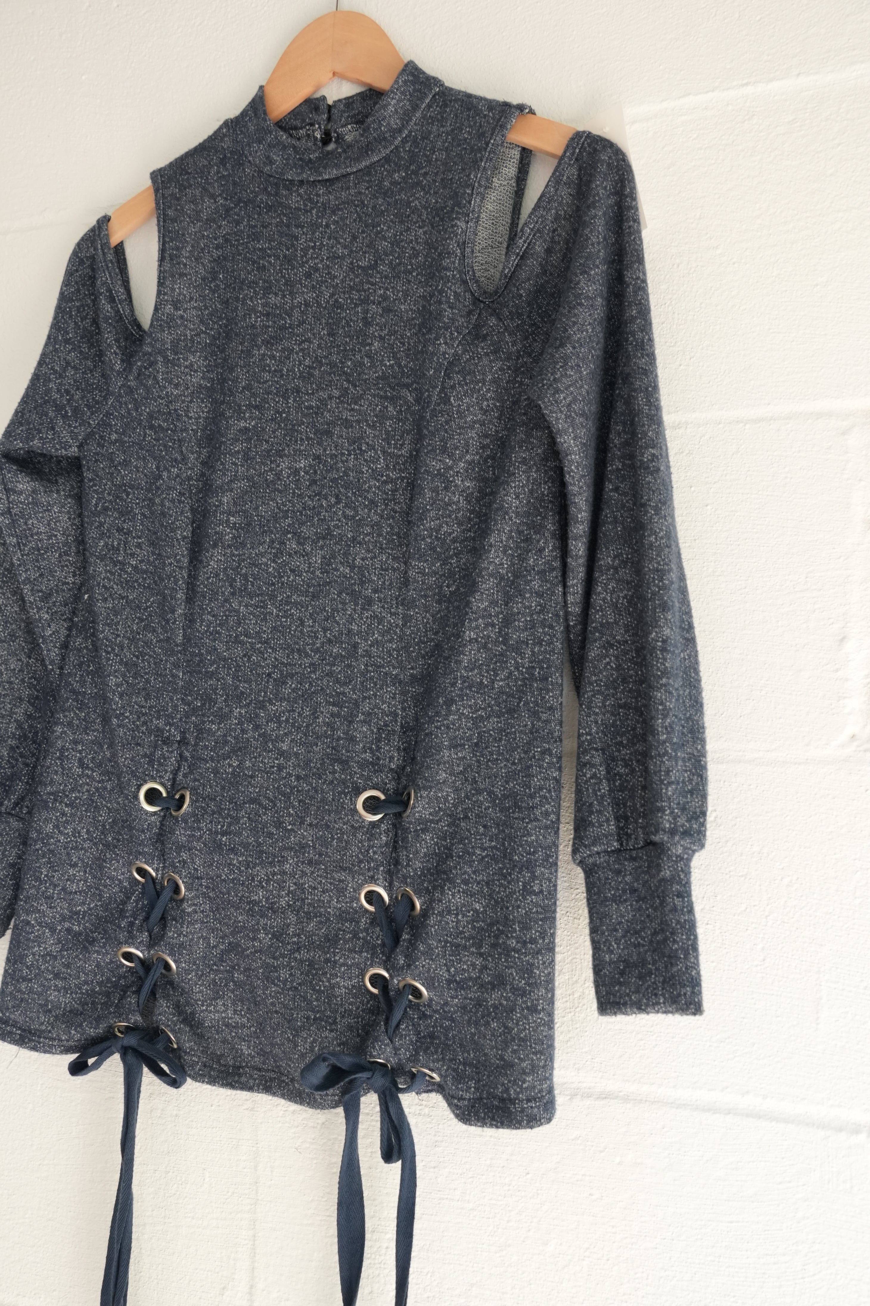 Heathered Navy Blue Lace-Up Front Cold-Shoulder Tunic Top