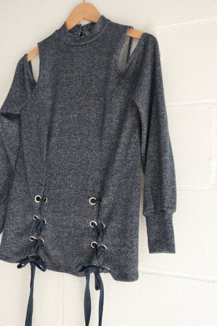 Heathered Navy Blue Lace-Up Front Cold-Shoulder Tunic Top