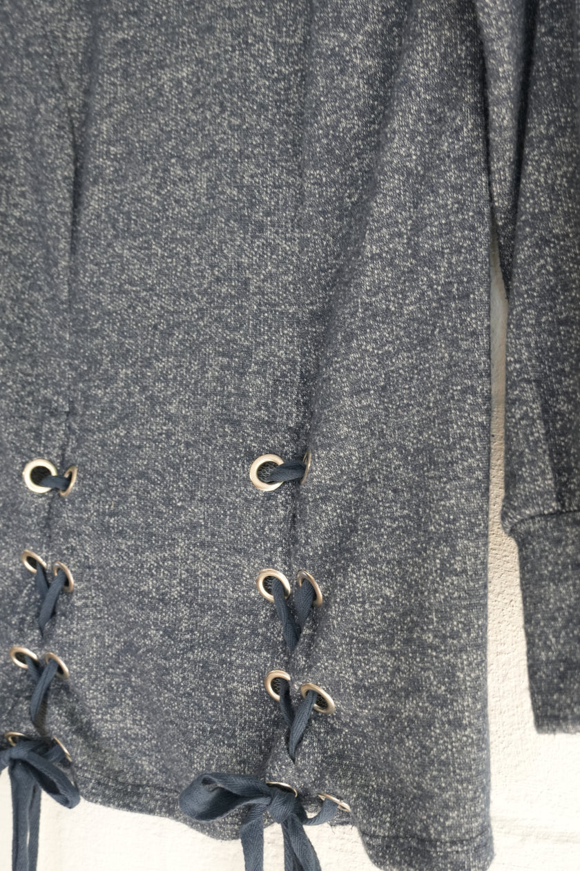 Heathered Navy Blue Lace-Up Front Cold-Shoulder Tunic Top