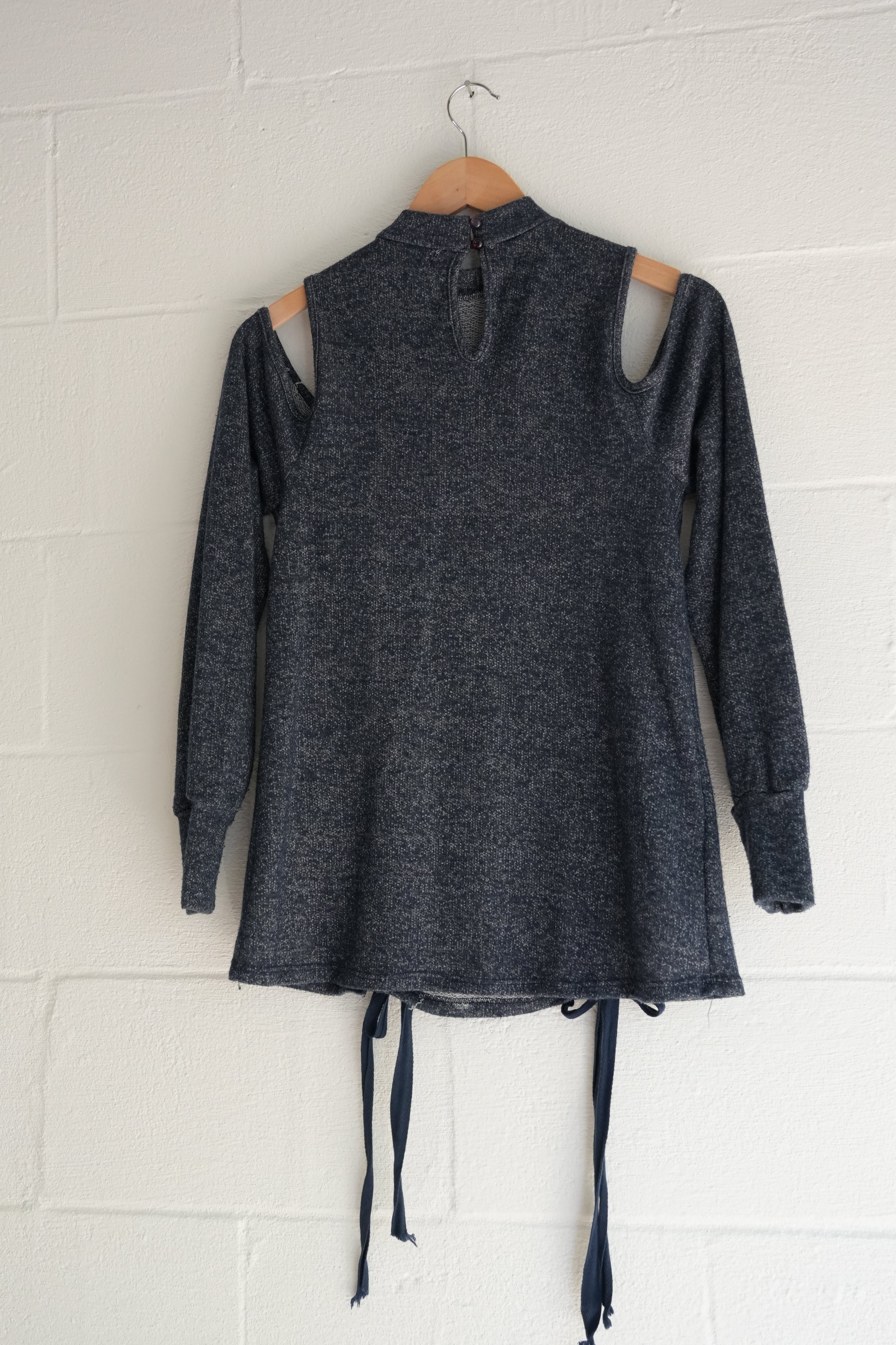 Heathered Navy Blue Lace-Up Front Cold-Shoulder Tunic Top