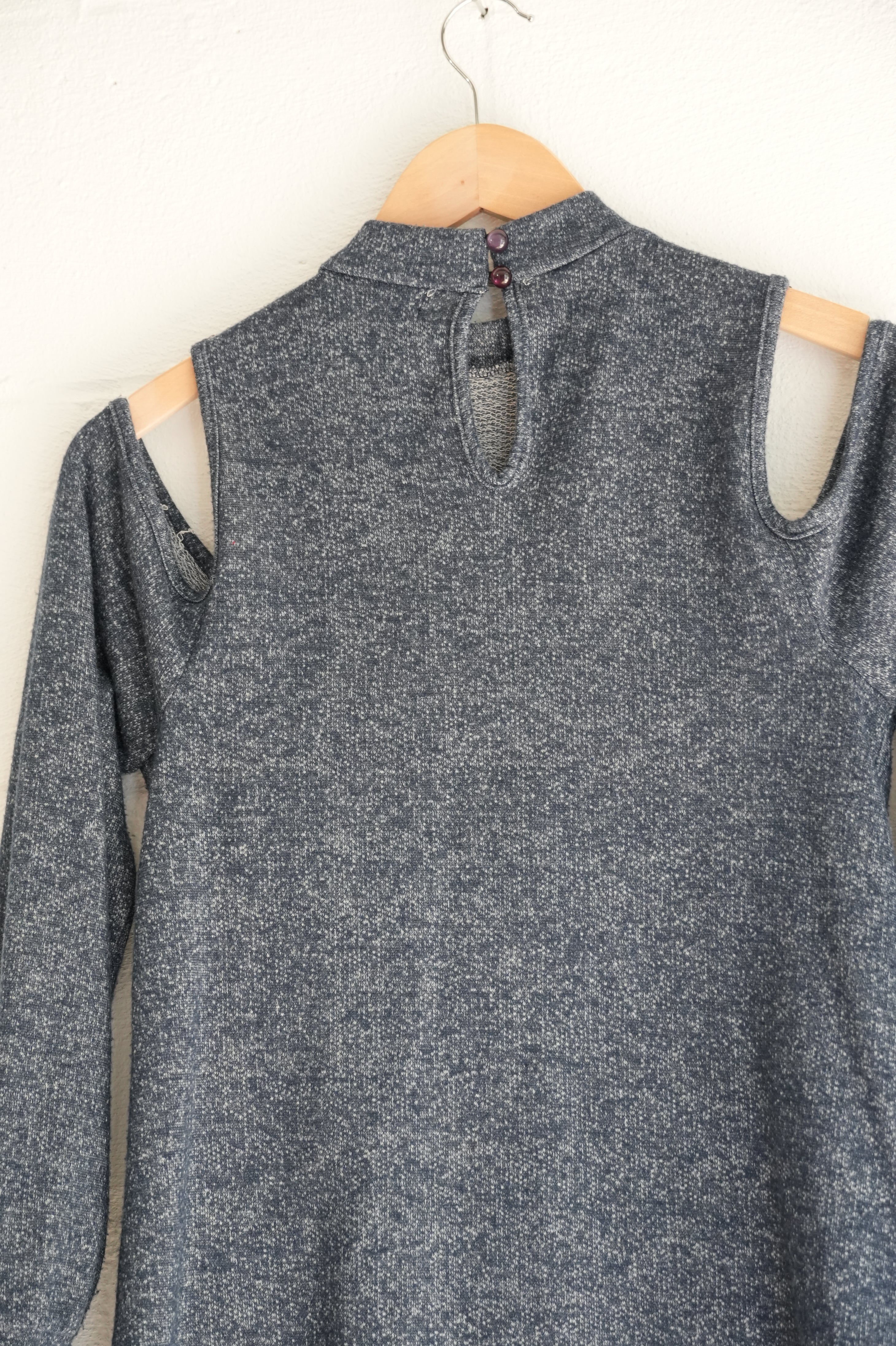 Heathered Navy Blue Lace-Up Front Cold-Shoulder Tunic Top