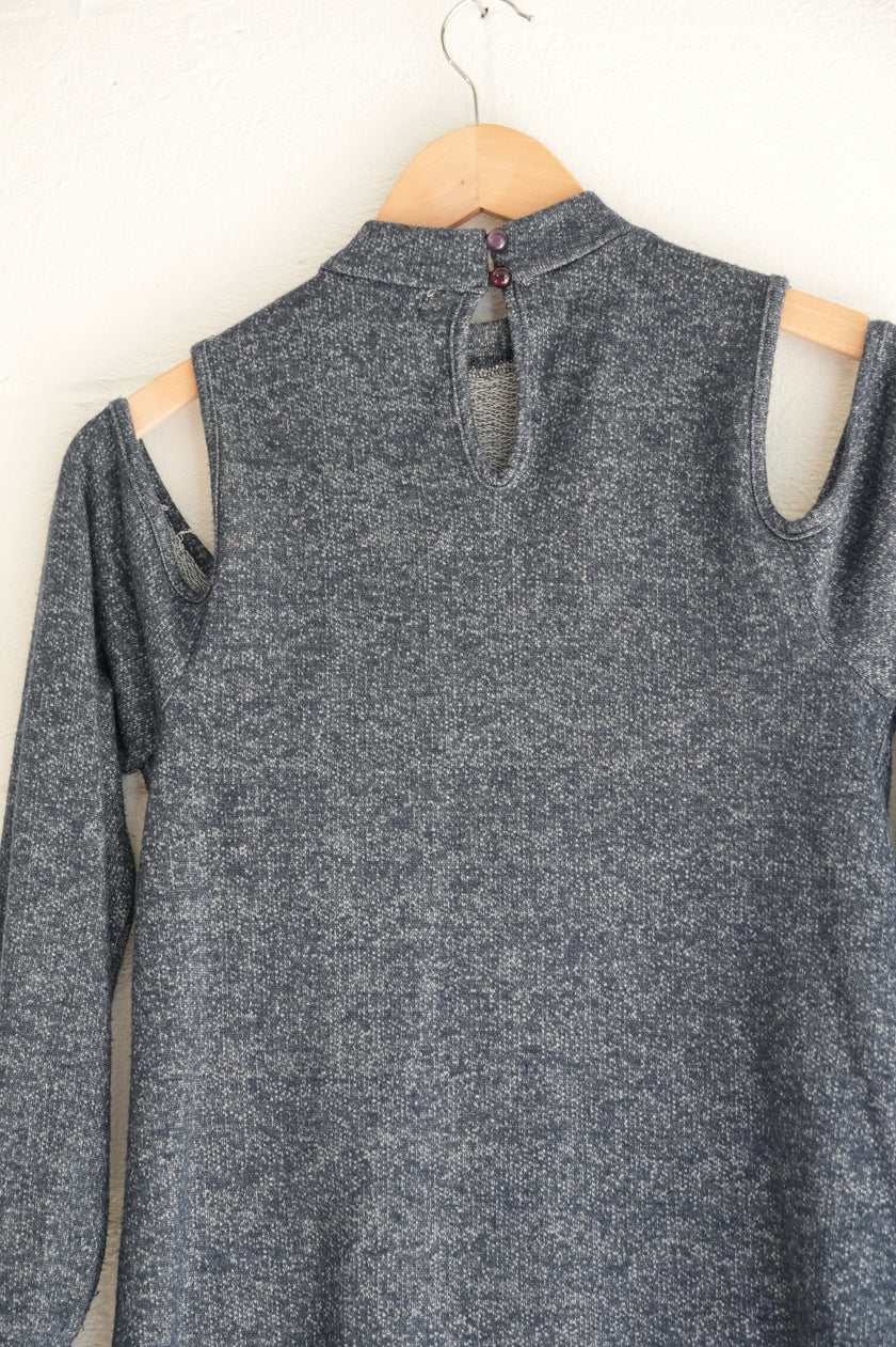 Heathered Navy Blue Lace-Up Front Cold-Shoulder Tunic Top