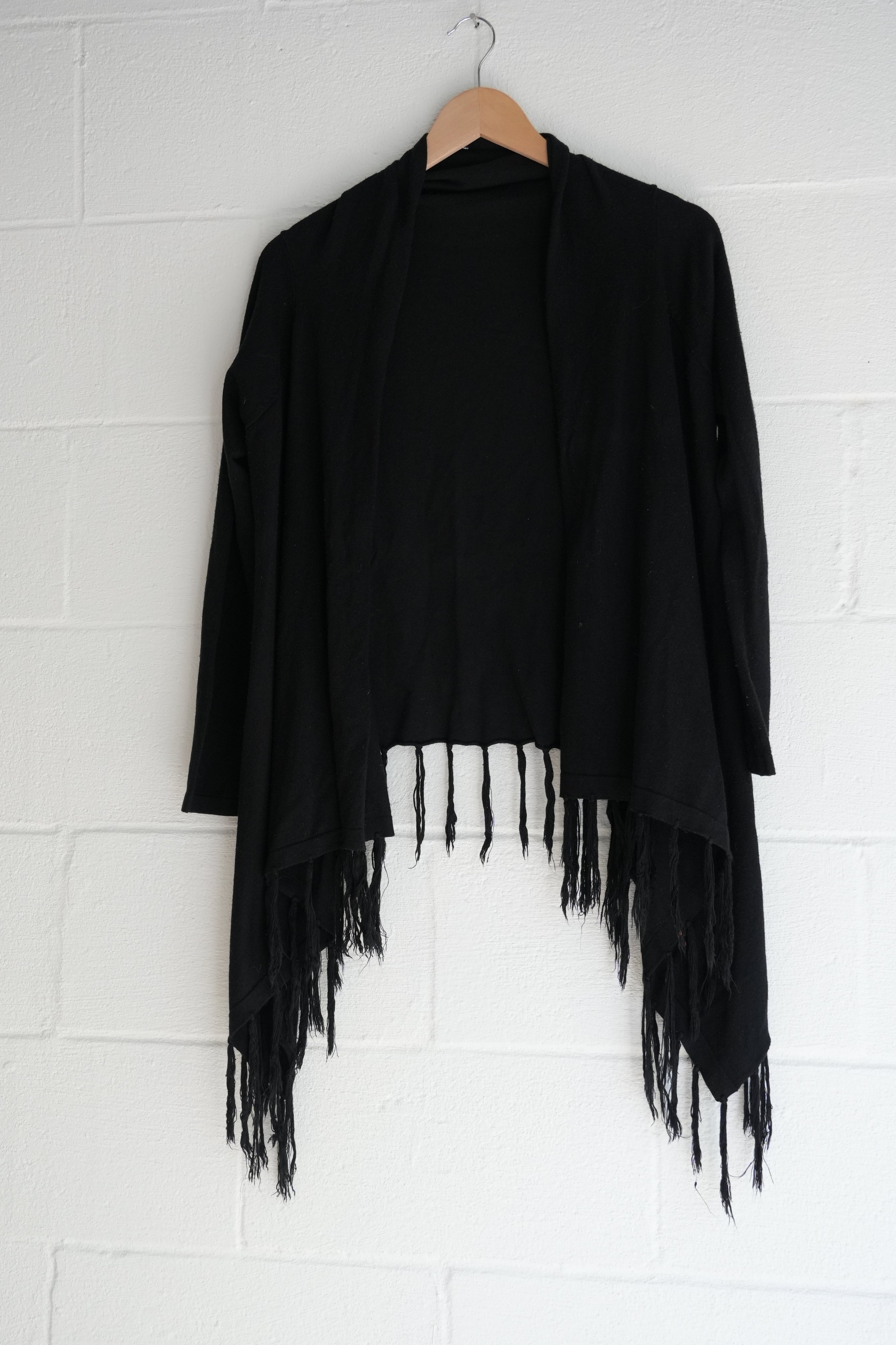 BEAR DANCE Black Fringe Hem Asymmetrical Waterfall Cardigan Size Medium