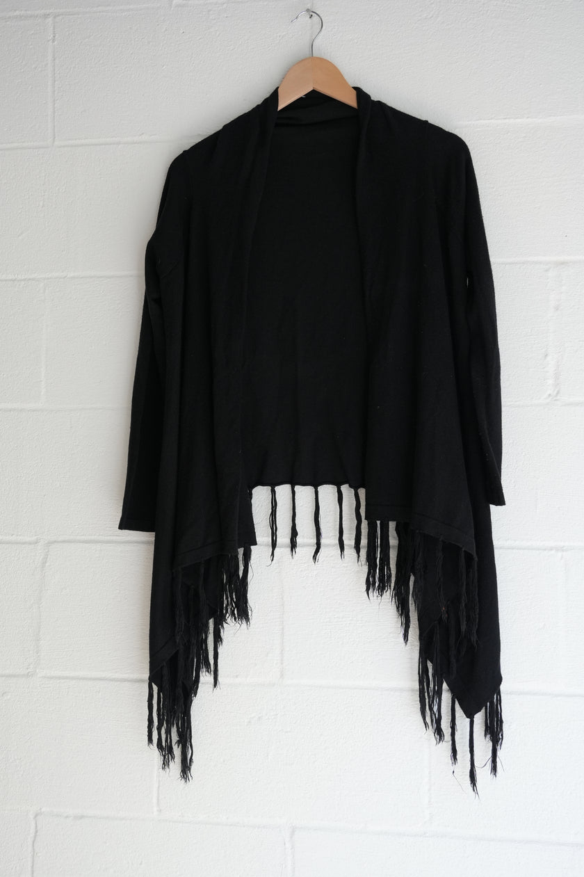 BEAR DANCE Black Fringe Hem Asymmetrical Waterfall Cardigan Size Medium