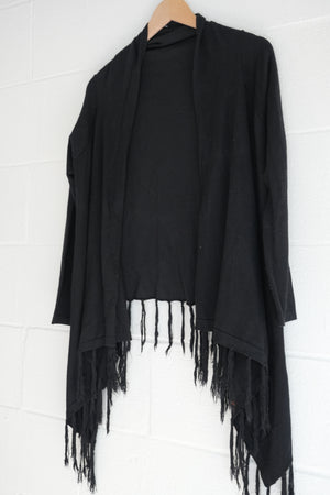 BEAR DANCE Black Fringe Hem Asymmetrical Waterfall Cardigan Size Medium