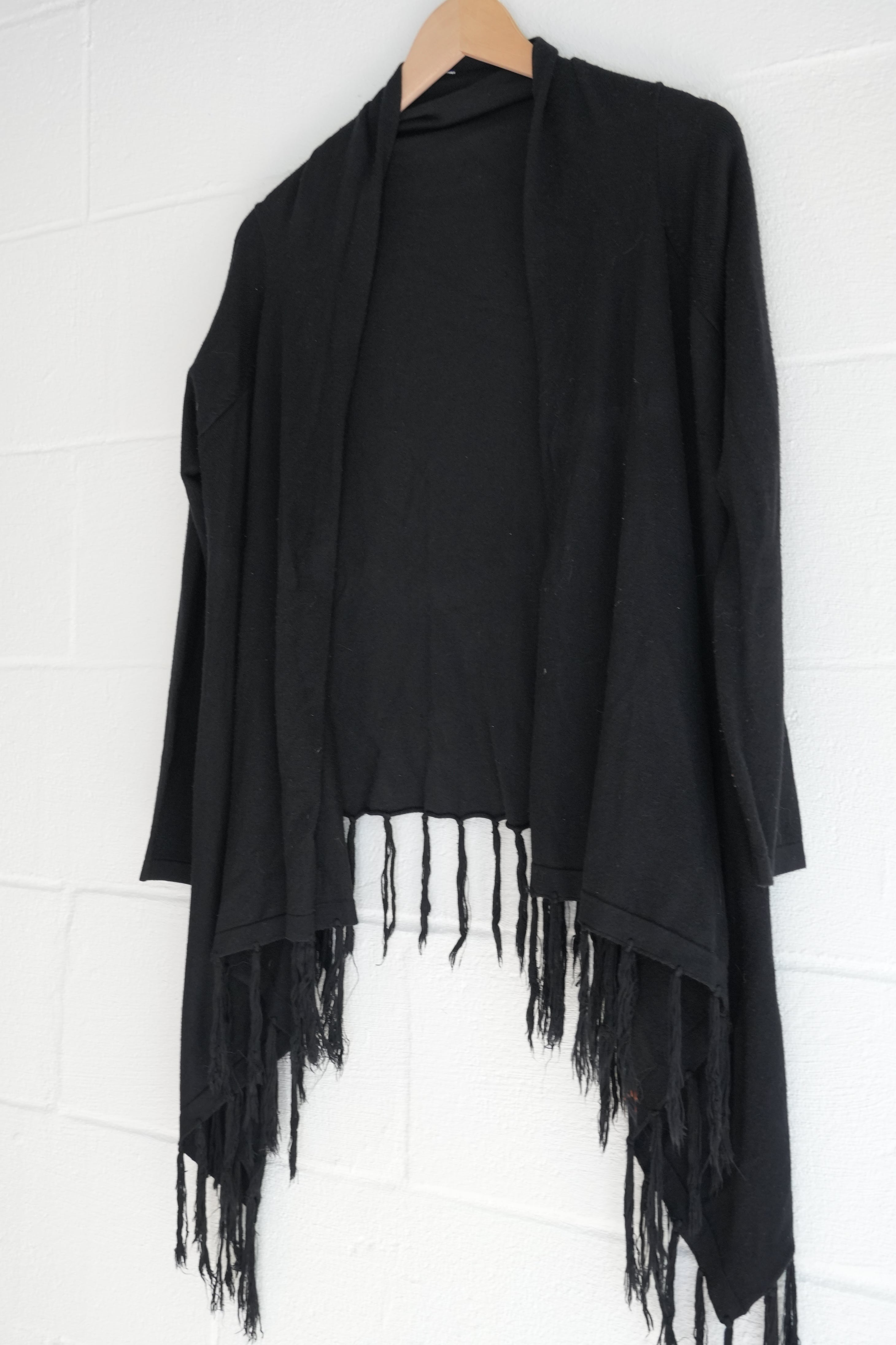 BEAR DANCE Black Fringe Hem Asymmetrical Waterfall Cardigan Size Medium