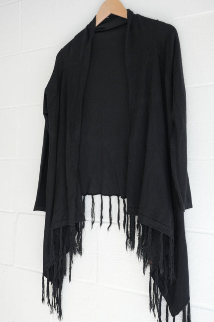 BEAR DANCE Black Fringe Hem Asymmetrical Waterfall Cardigan Size Medium