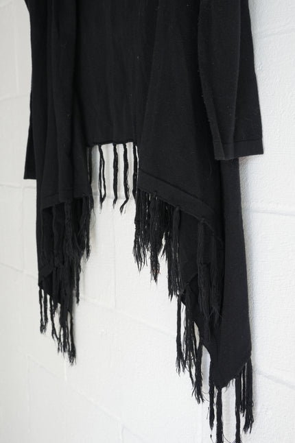 BEAR DANCE Black Fringe Hem Asymmetrical Waterfall Cardigan Size Medium