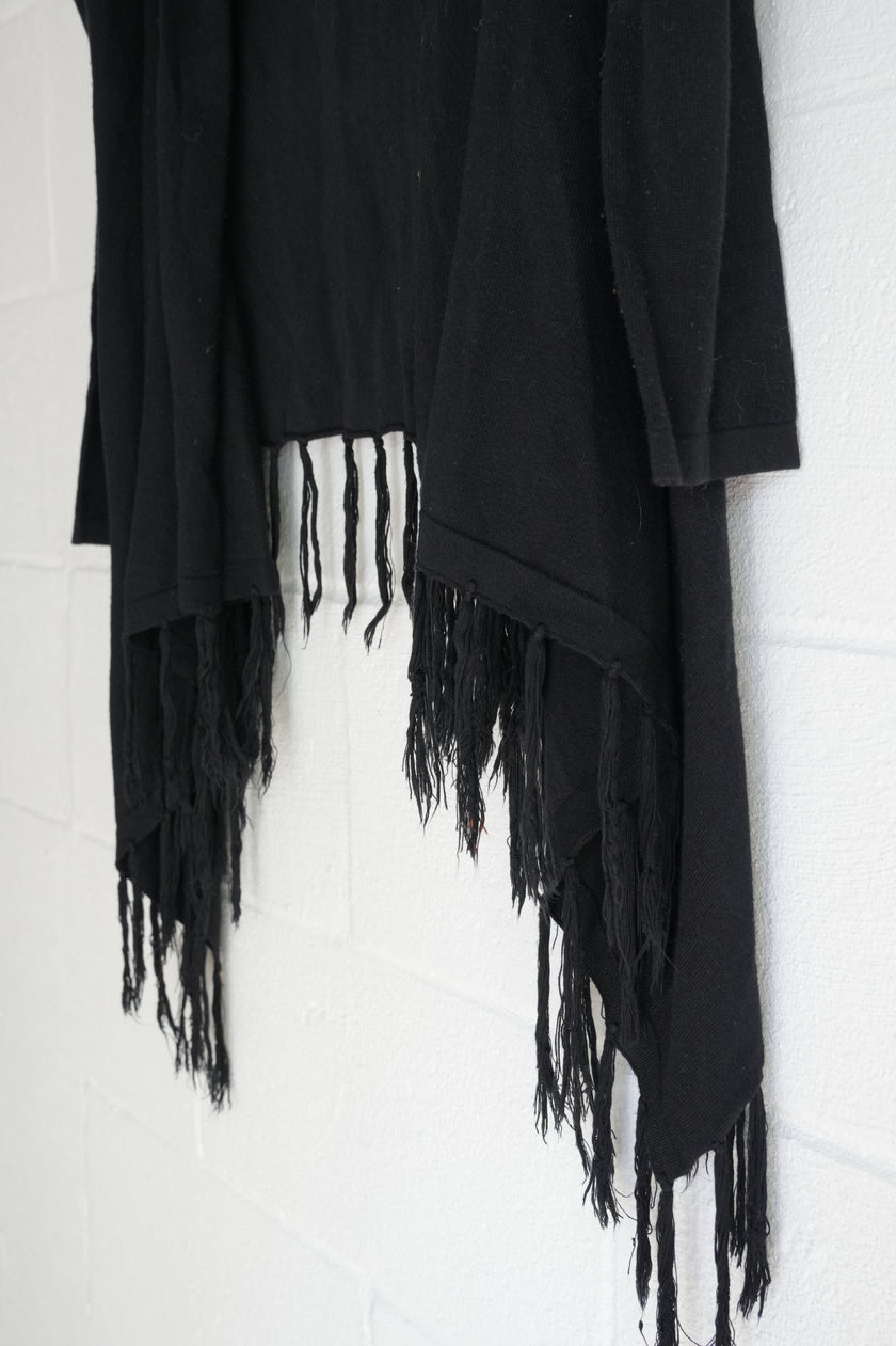 BEAR DANCE Black Fringe Hem Asymmetrical Waterfall Cardigan Size Medium