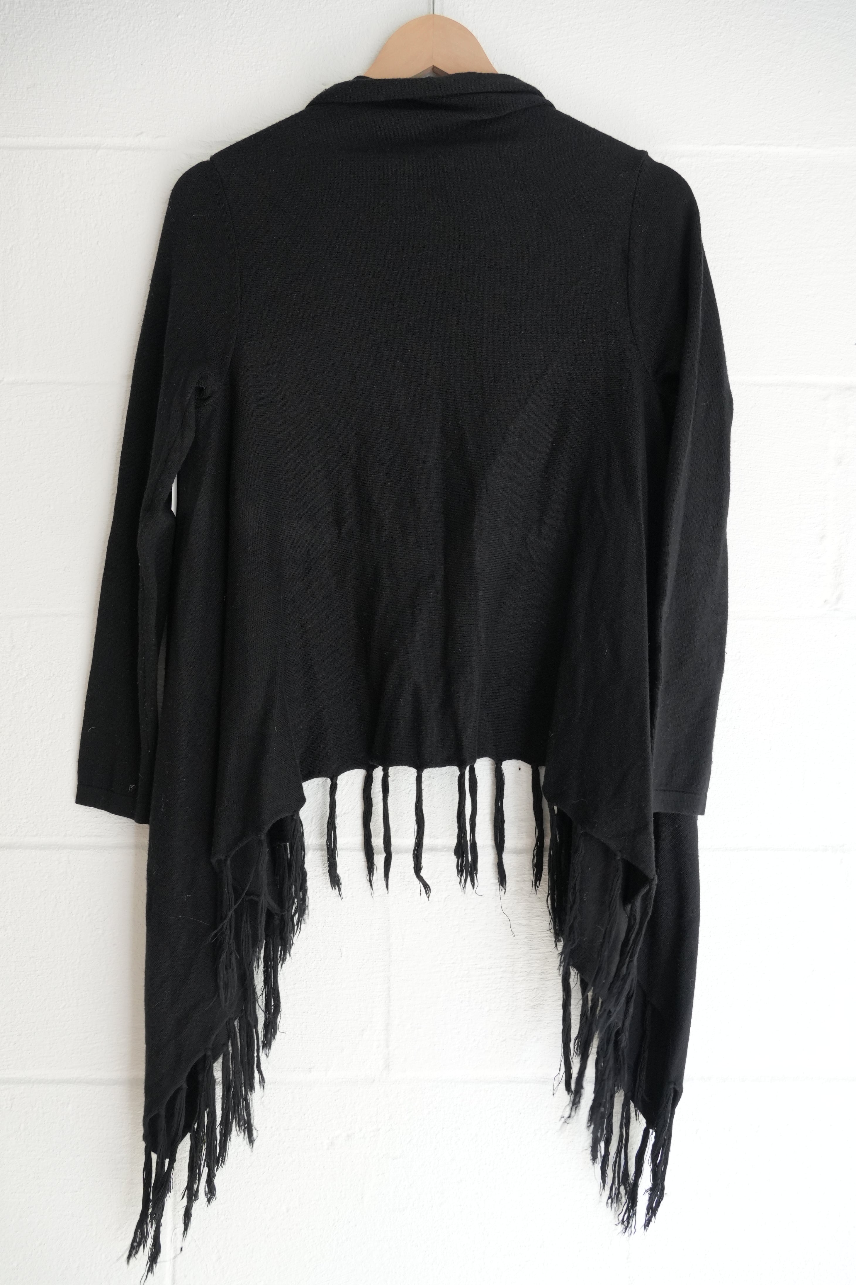 BEAR DANCE Black Fringe Hem Asymmetrical Waterfall Cardigan Size Medium