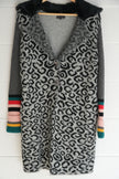 Dor Dor Couture Leopard Knit Cardigan Coat with Faux Fur Collar & Striped Cuffs Size Small