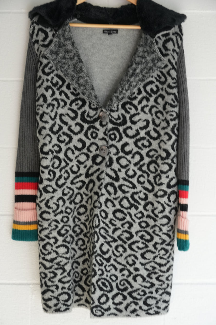 Dor Dor Couture Leopard Knit Cardigan Coat with Faux Fur Collar & Striped Cuffs Size Small