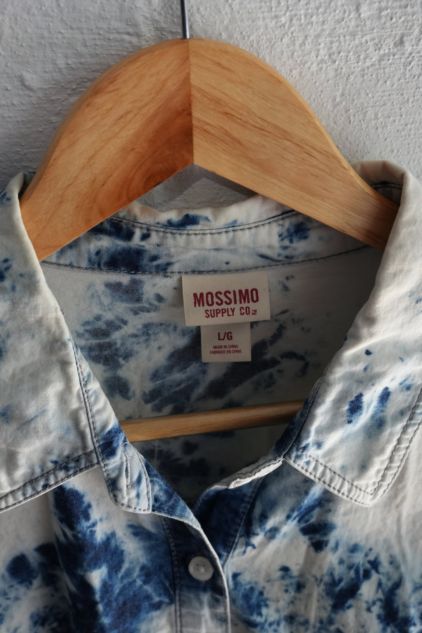 Mossimo Supply Co. Blue & White Tie-Dye Chambray Shirt Size Large