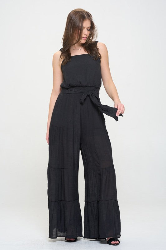 Plus Sizes ELASTIC STRAP TIERED JUMPSUIT