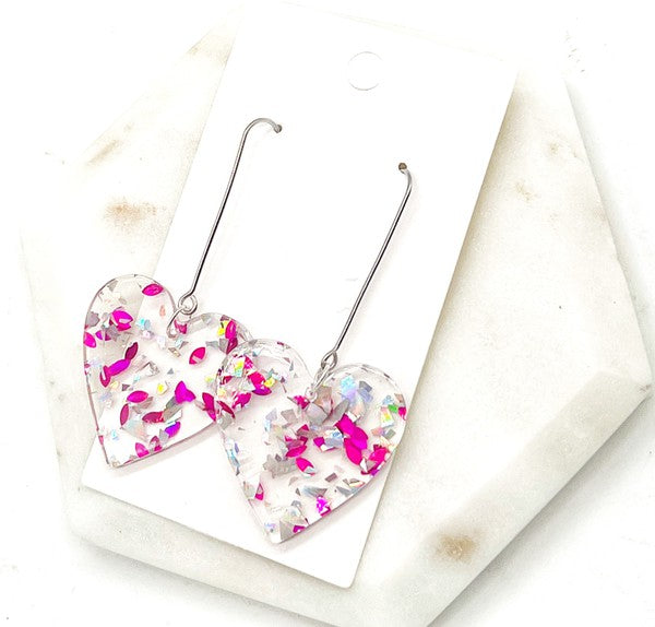 Glitter Heart Acrylic Dangle Earrings Valentines