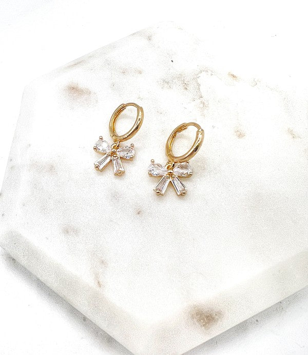 Bow CZ Gold Huggie Hoop Earrings