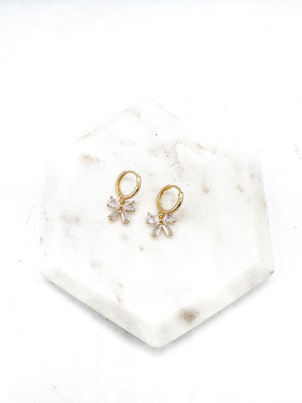 Bow CZ Gold Huggie Hoop Earrings