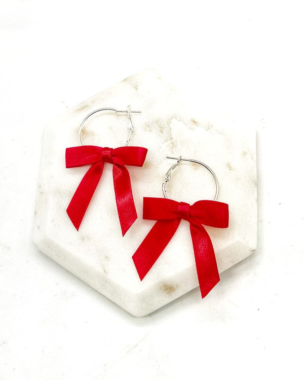 Red Ribbon Bow Hoop Earrings Holiday
