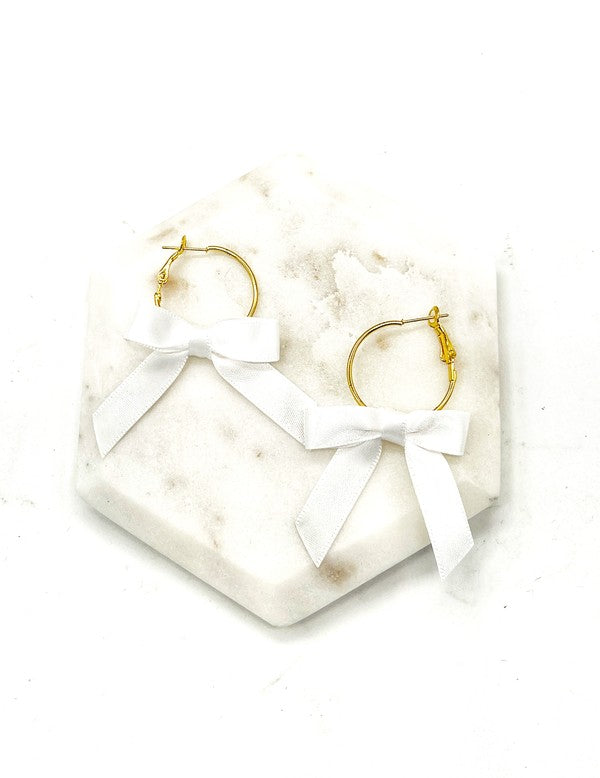 White Ribbon Bow Hoop Earrings Holiday