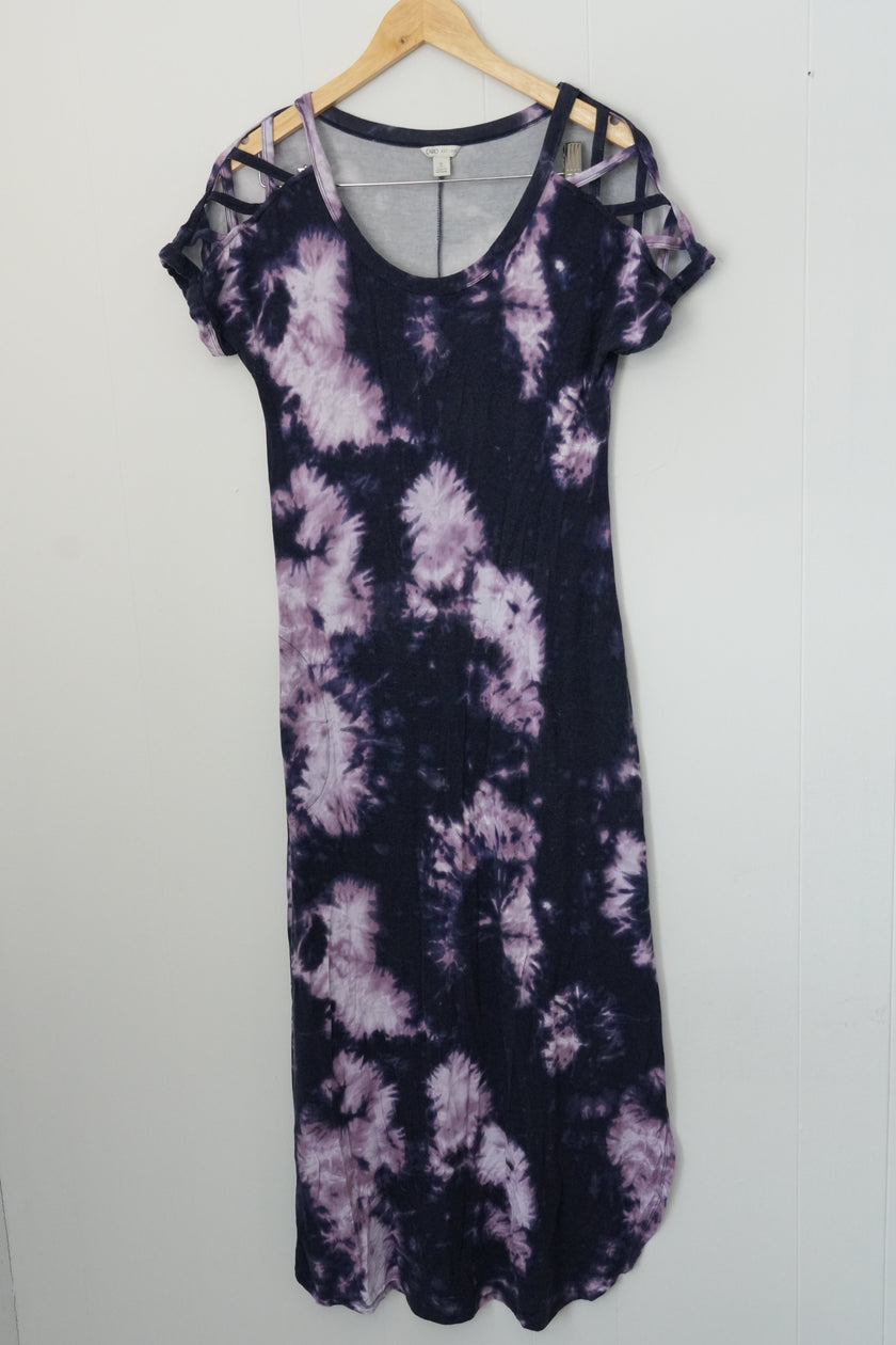 Cato Maxi Dress Women Small Purple Tie Dye Cold Shoulder Lattice Sleeve Pockets