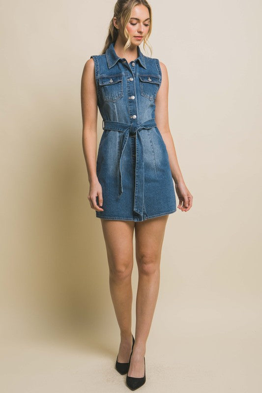 Denim Tank Dress with Waist Tie