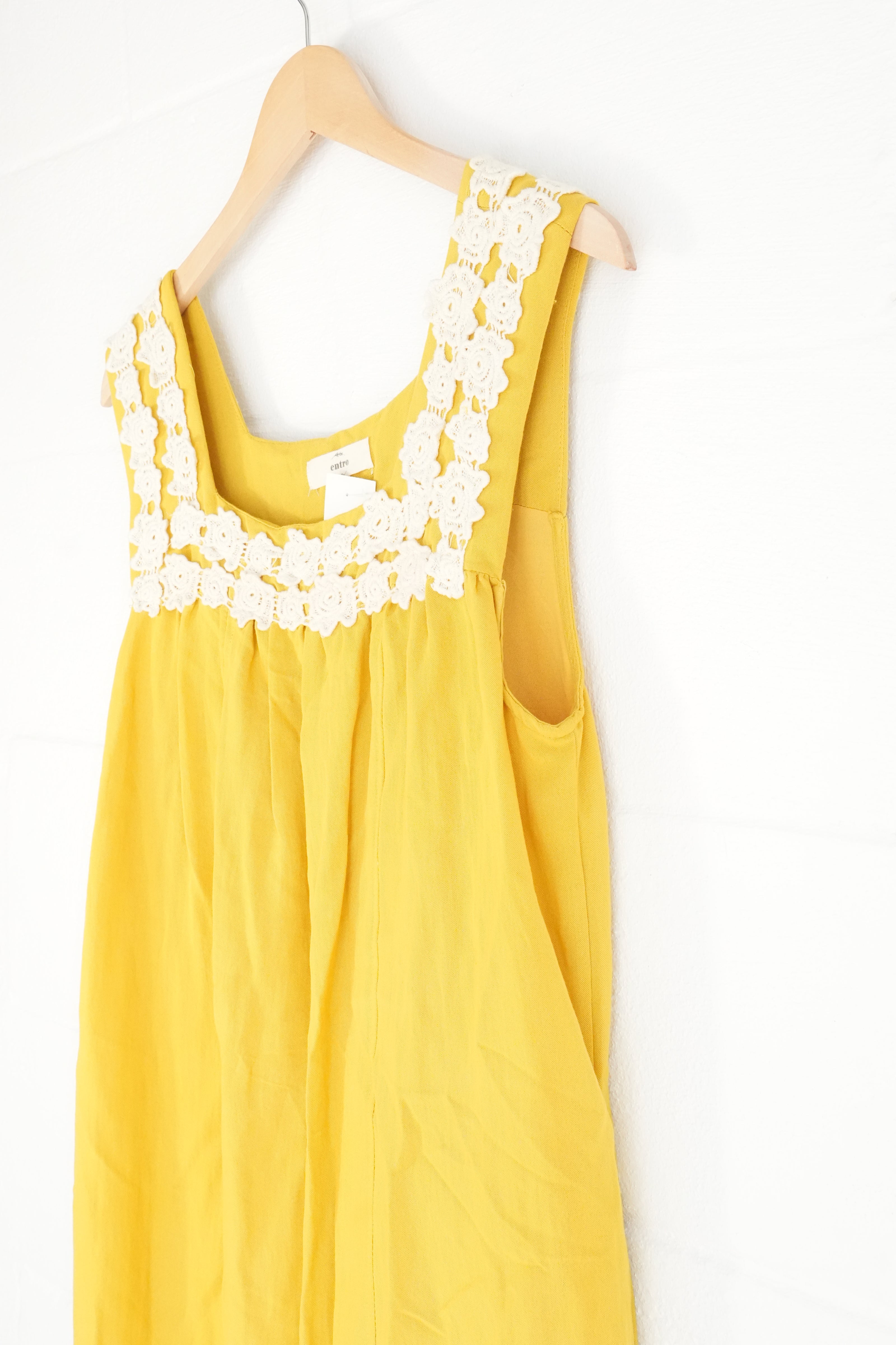Entro Mustard Yellow Crochet Lace Trim Sleeveless Shift Dress Medium