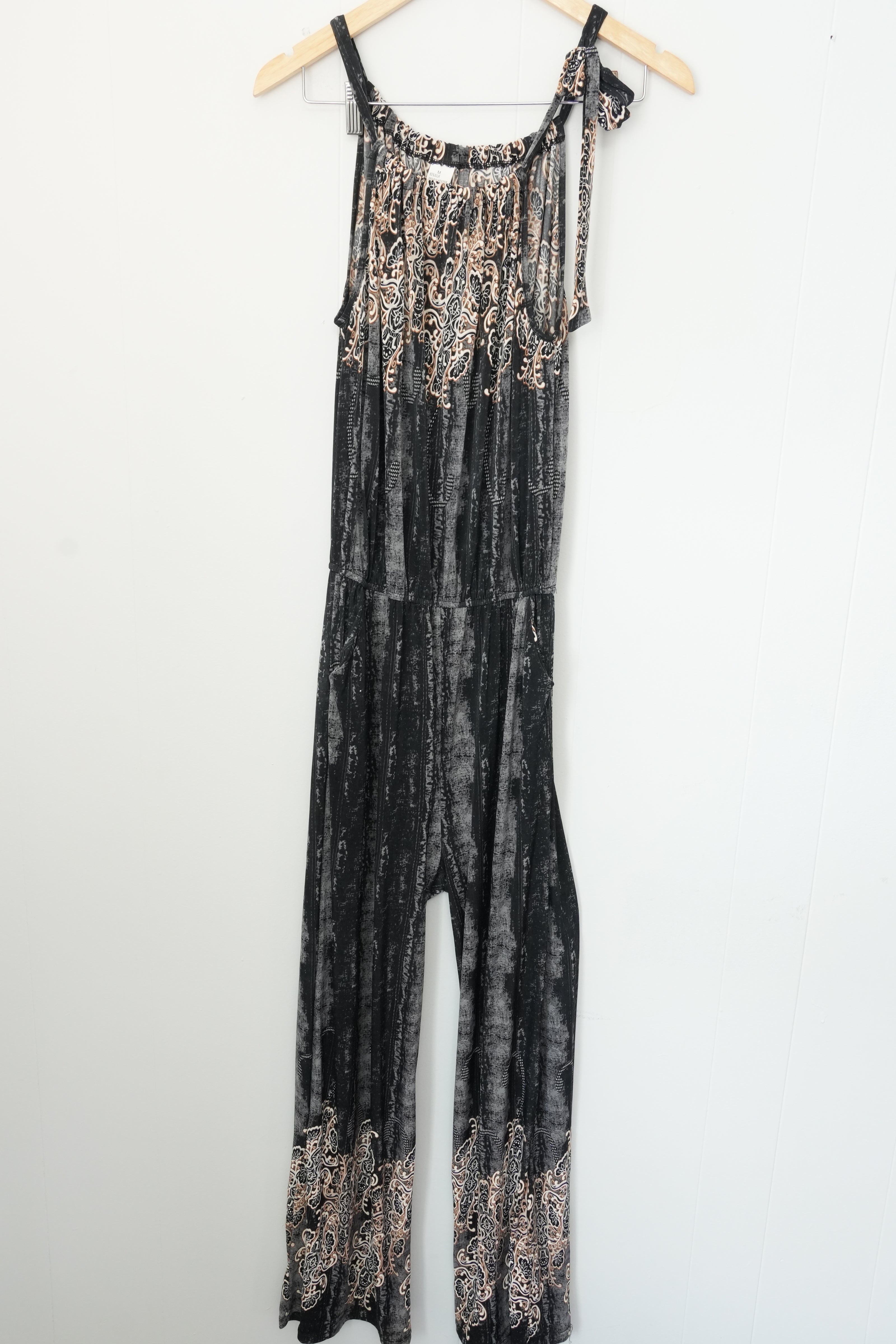 Romper Pants Jumper Women Medium Black Silk Blend Paisley Print Pocket