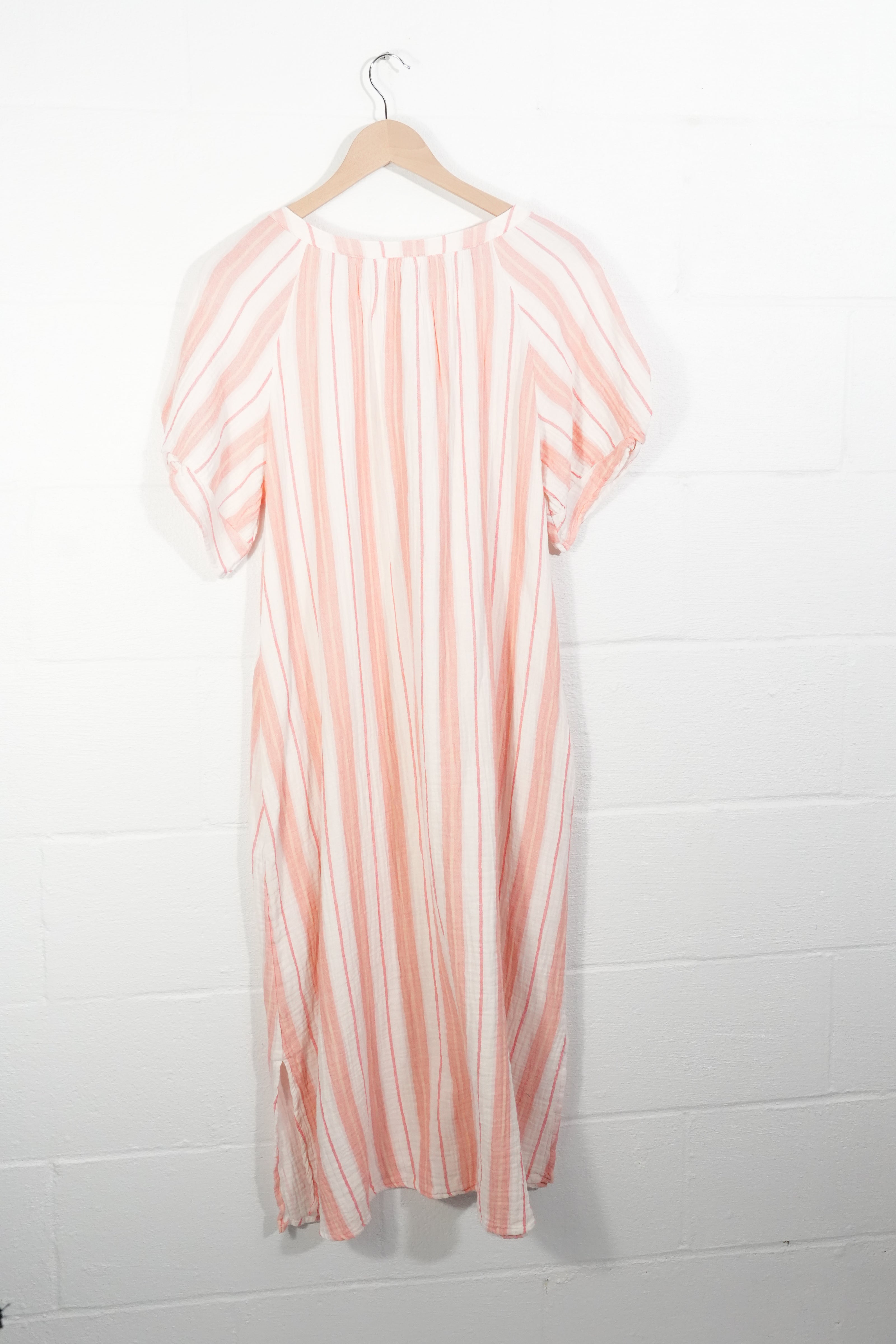 Time and Tru Double Cloth Midi Dress Women Large Coral Peony Striped Button