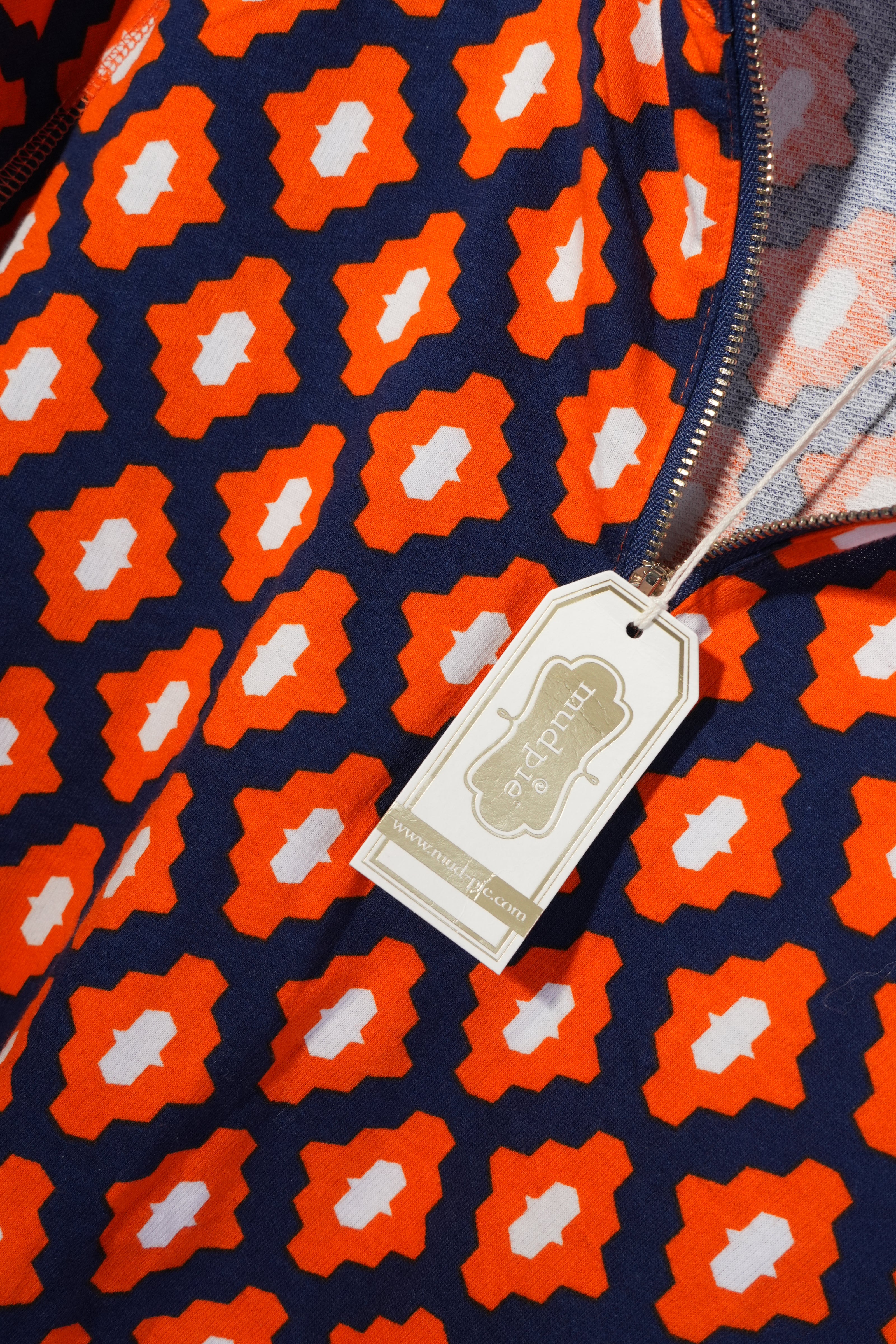 Mud Pie Quarter Zip Pullover Women Large Orange Navy Blue Geometric Print