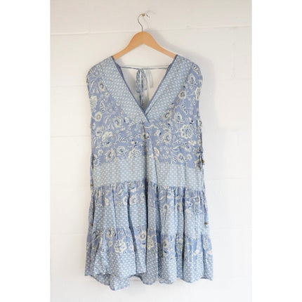 Angie Mini Dress Women Size Small Blue Floral Patchwork Boho Tiered V-Neck Rayon