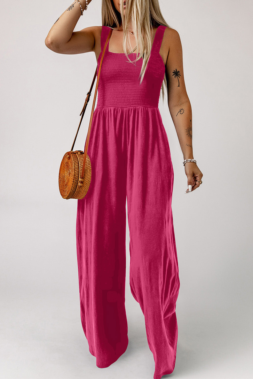 Smocked Square Neck Wide Leg Jumpsuit with Pockets (In-Store)
