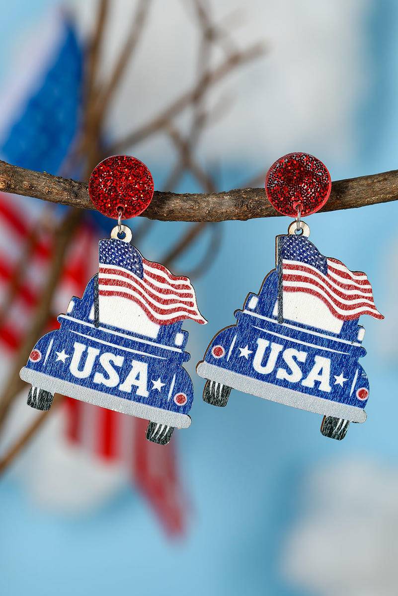 The Press USA Flag Car Shape Wood Dangle Earrings (in-store)
