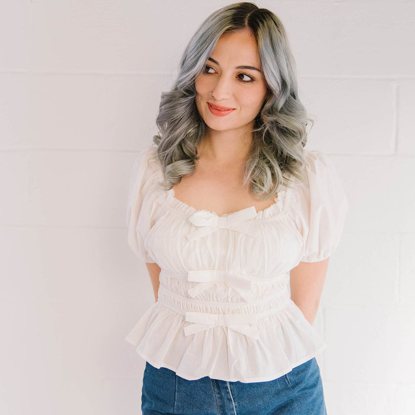 White Puff Sleeve Tunic with Ruffle Trim and Bow Details