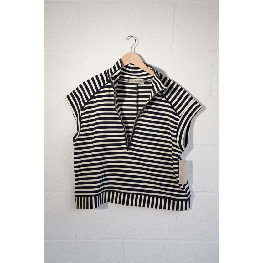 Callie Mac Striped Quarter Zip Vest Womens Large Navy White Sleeveless Top
