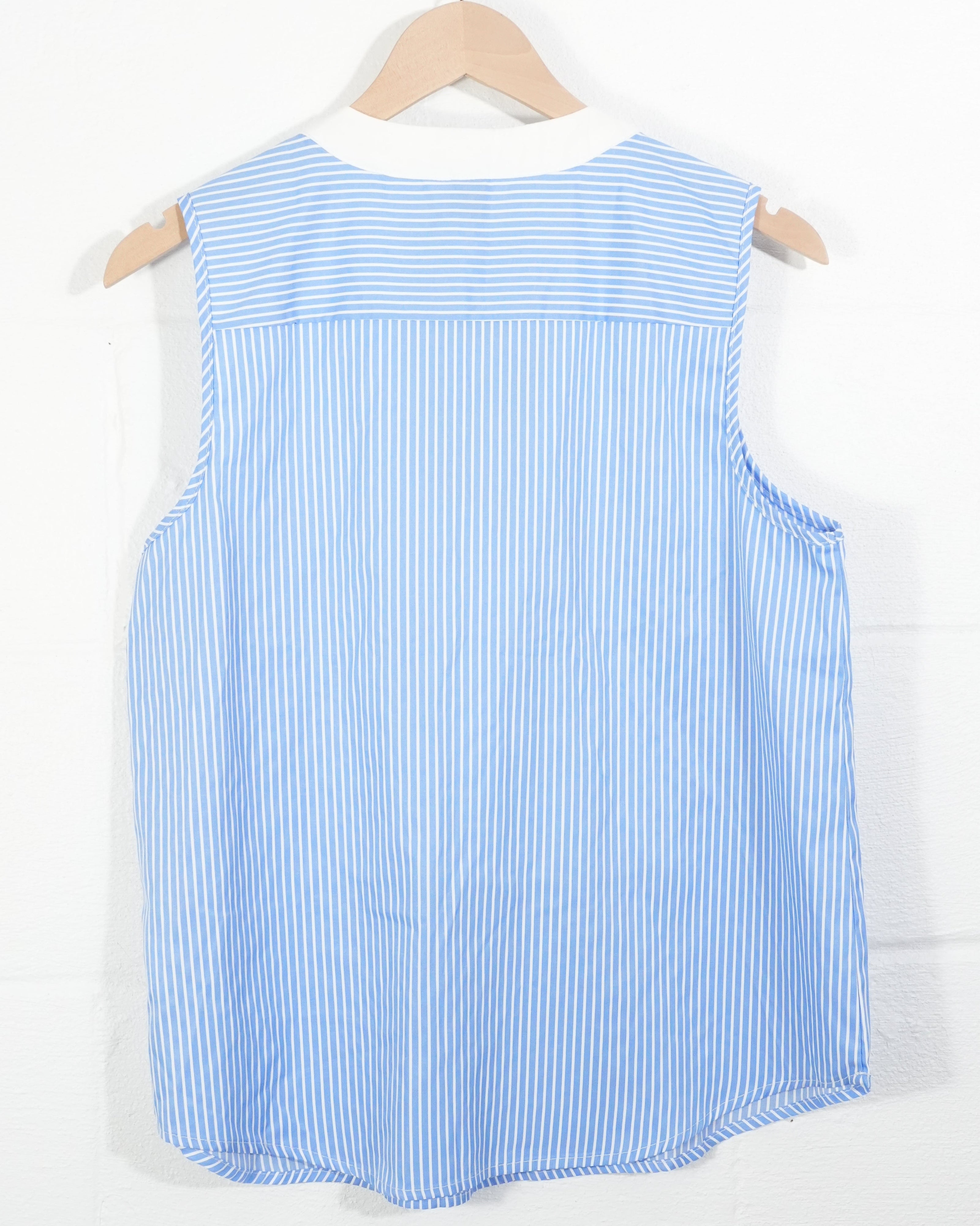 SHEIN Sleeveless Blouse Women Large Blue White Striped Pleated Tuxedo Bib Top