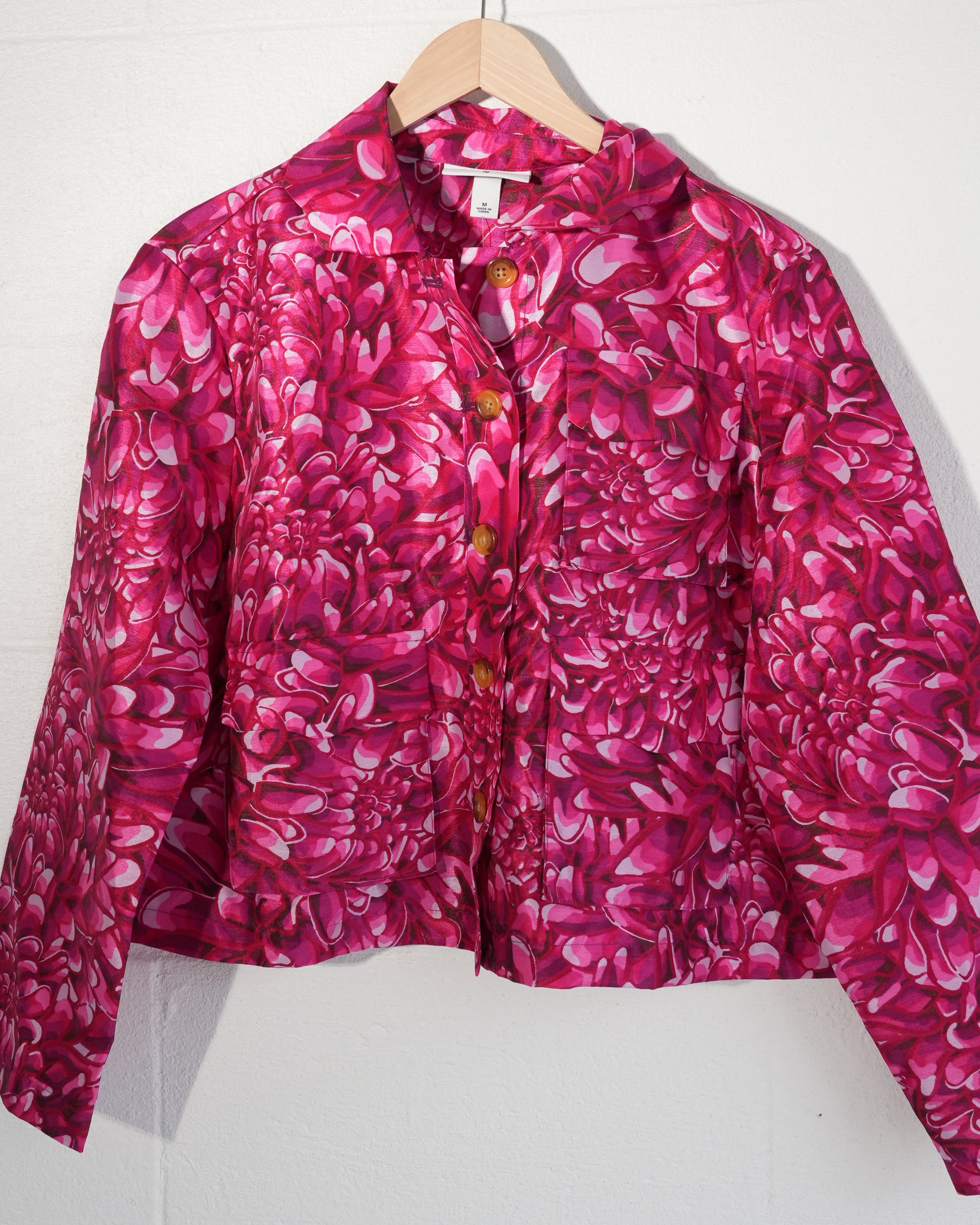 Kika Vargas Jacket Women Medium Pink Floral Chrysanthemum Button Front Cropped