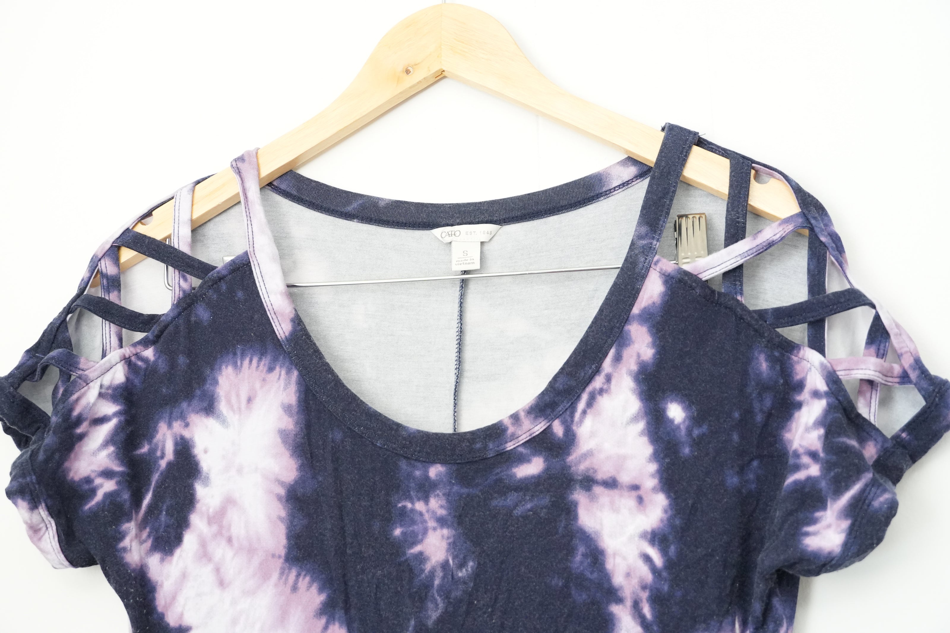 Cato Maxi Dress Women Small Purple Tie Dye Cold Shoulder Lattice Sleeve Pockets