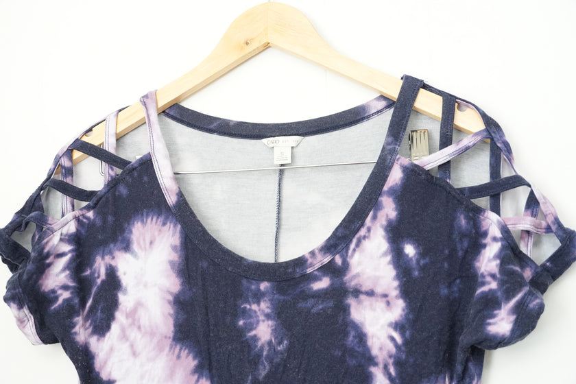 Cato Maxi Dress Women Small Purple Tie Dye Cold Shoulder Lattice Sleeve Pockets