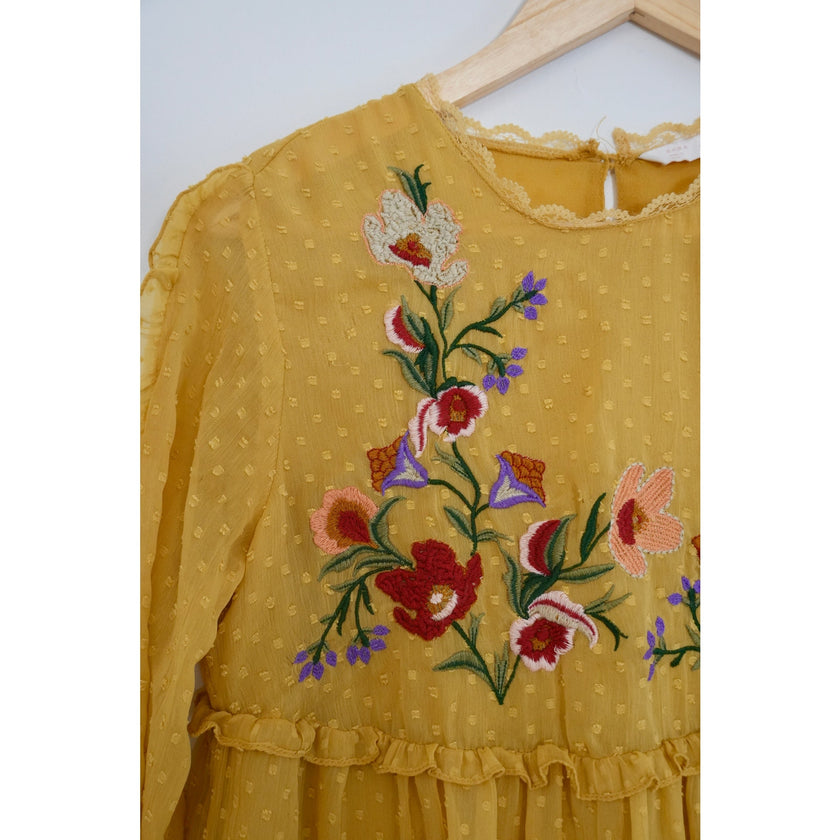 Zara Trafaluc Collection Mustard Yellow Embroidered Long Sleeve Blouse Size Medium