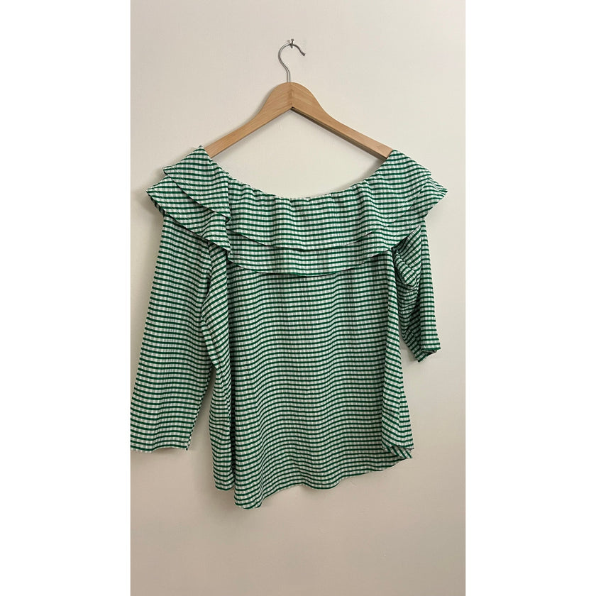CATO Green Plaid Ruffle Blouse Size Large