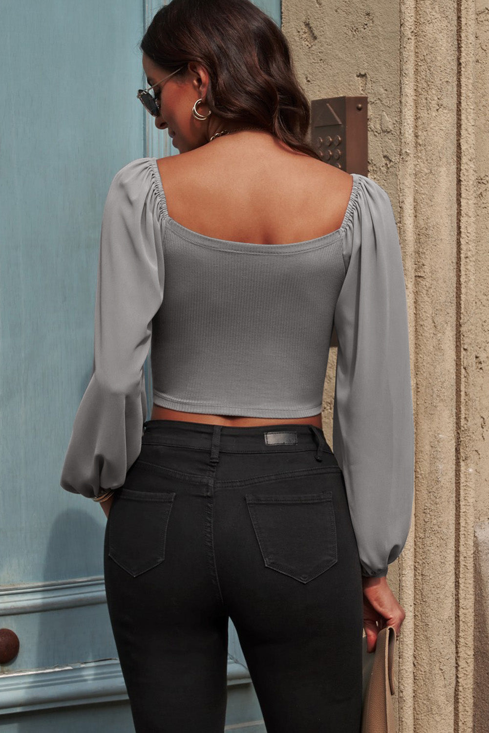 Drawstring Detail Balloon Sleeve Cropped Blouse (In-Store)