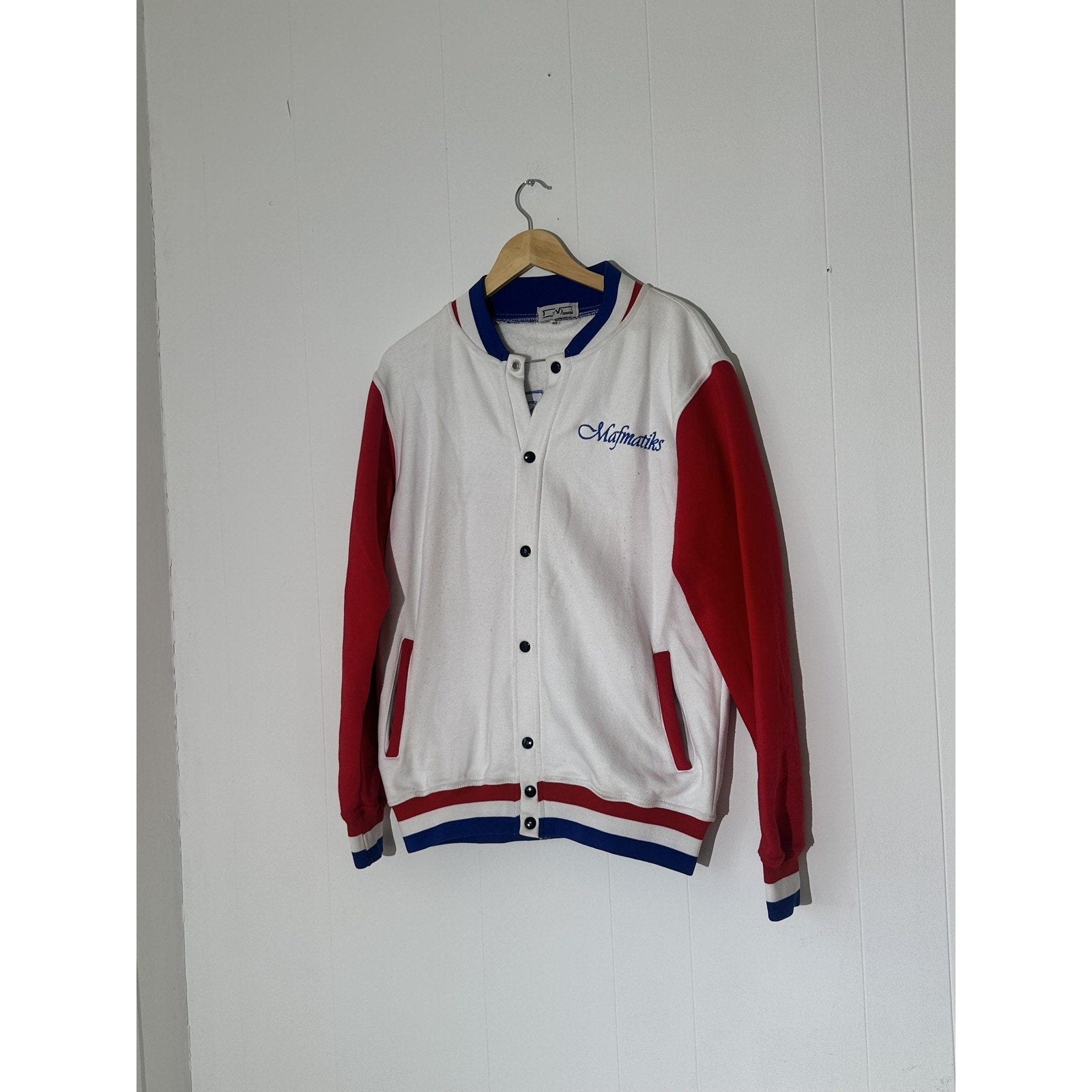 Mafmatiks Jacket Unisex Medium White Red Blue Varsity Snap College Sports Bomber