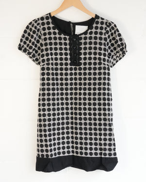 Bizz Princess Shift Mini Dress Women Medium Black White Geometric Embroidered Cotton